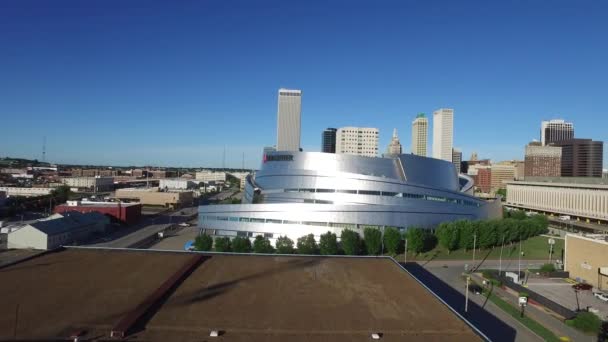 Aerial Drone Flyover Arena Stadium Downtown Tulsa Oklahoma — 비디오