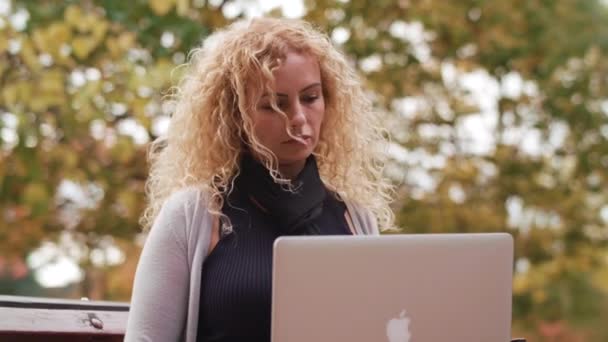 Primer Plano Mujer Trabajando Computadora Portátil Parque Luego Sonriendo Cámara — Vídeos de Stock