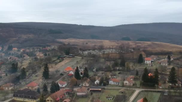 Aerial View Cemetery Hungarian Village Alspetny Winter — Video Stock