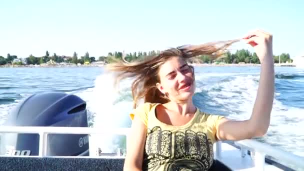 Happy Girl Chilling Moving Boat Sea — Video Stock