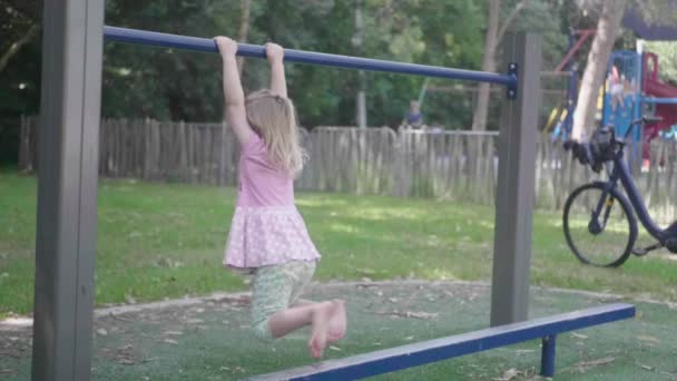 Wide Shot Years Old Girl Slow Motion Playground Who Swinging — Wideo stockowe