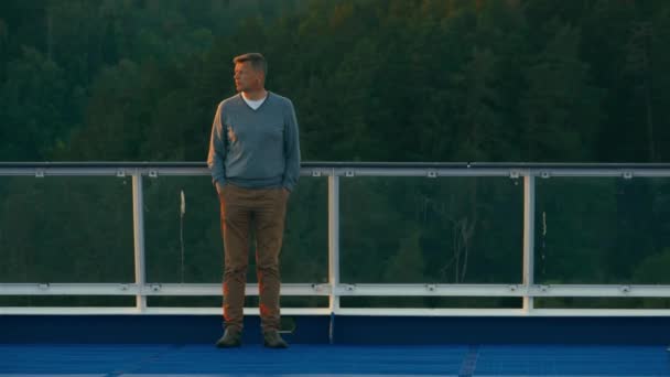 Static Shot Caucasian Man Enjoying Warm Summer Evening Passenger Ferry — Stock video