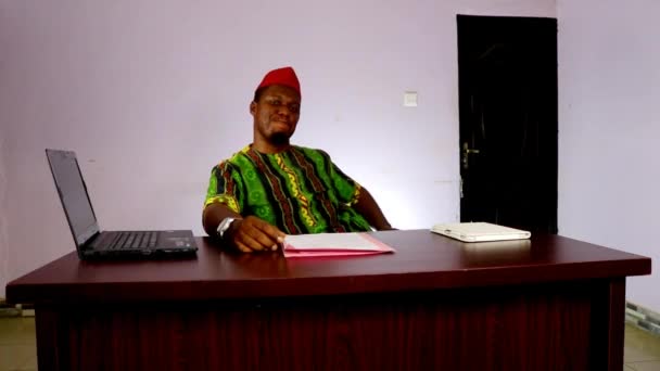 African Business Man Relaxes His Swivel Chair Smiles Camera Successful — Vídeos de Stock