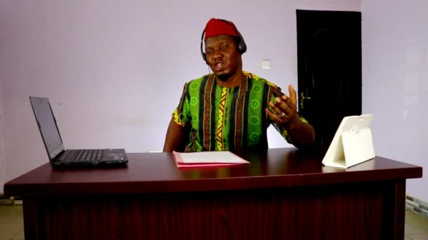 African Customer Service Business Man His Office Talks Headset Phone — Video