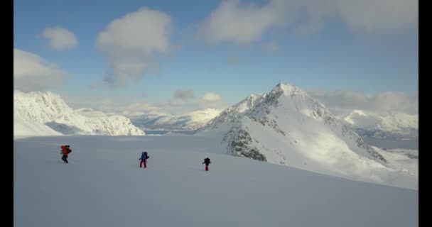 Tiro Panorámico Aéreo Tres Excursionistas Con Raquetas Nieve Esquí Alpino — Vídeos de Stock