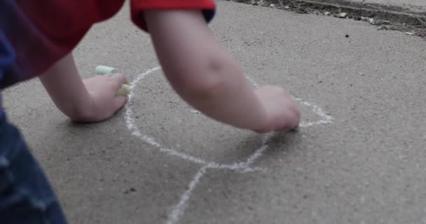 Cute Little Blonde Boy Drawing Playing Chalk Sidewalk — Stock Video