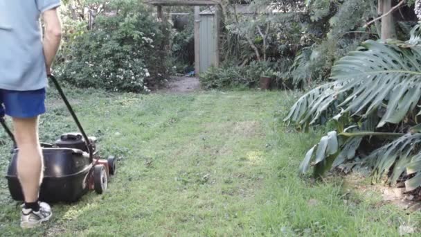 Man Mowing Lawn Garden Going Backwards Forwards Footage Slow Motion — Stockvideo