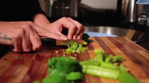 Lady Cutting Green Vegetables Soup — Stok video