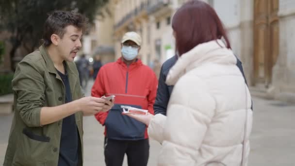 Close View Male Magician Showing Street Magic Trick Cards Locals — Vídeo de Stock