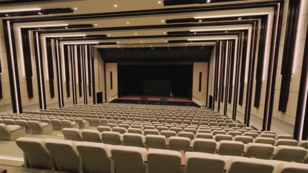 Big Empty Auditorium Comfortable Leather Seats Modern Interior Motion Camera — Stock Video