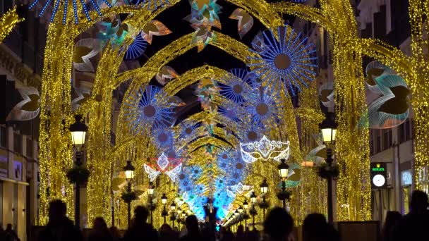 西班牙马拉加美丽的圣诞灯饰与人的轮廓 — 图库视频影像