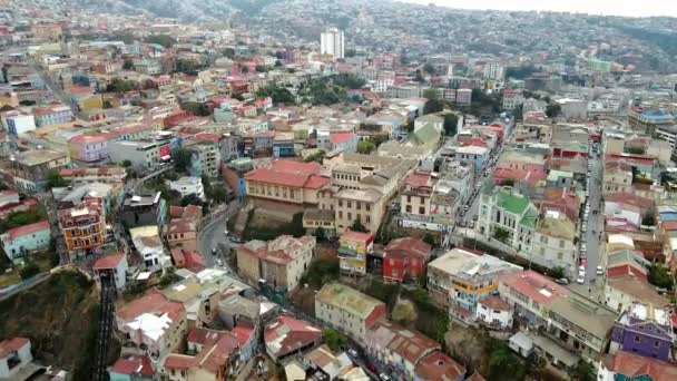 Luftaufnahme Von Bunten Häusern Lutherischer Kirche Und Dimalow Spaziergang Cerro — Stockvideo