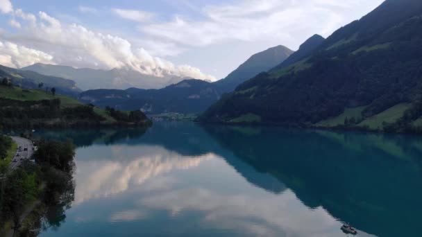Fishing Boat Serene Lungernersee Lake Swiss Alps Mountains Aerial Panorama — Stock Video