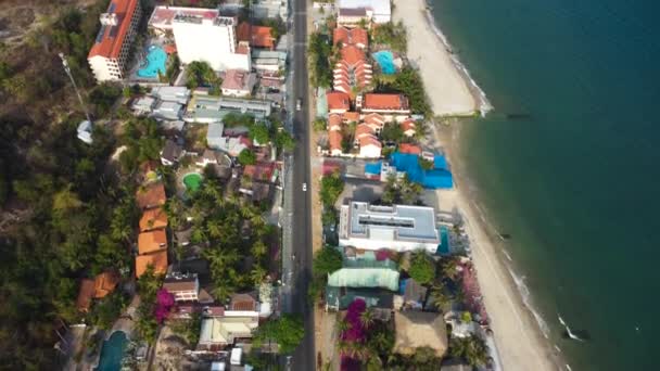 Aerial Flying Ham Tien Coast Geotubes Beach Vietnam Birdseye — Stock video