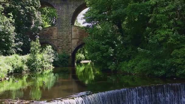 Pequena Cachoeira Com Pedra Ponte Arqueada Fundo Tiro New Mills — Vídeo de Stock