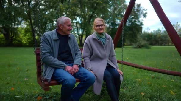 Happy Elderly Couple Talking Relaxing Park Swing Medium Shot — Stok video
