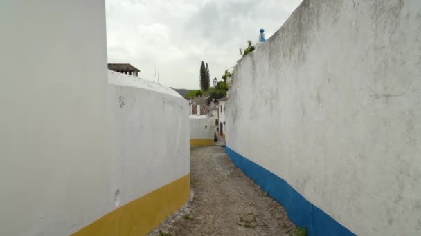 Узкая Аллея Замке Бидо Синими Желтыми Красками Раскрашенными Стенах Домов — стоковое видео