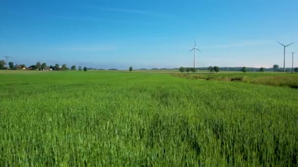 Green Fields Wind Turbines Background Aerial Pullback — Vídeo de Stock