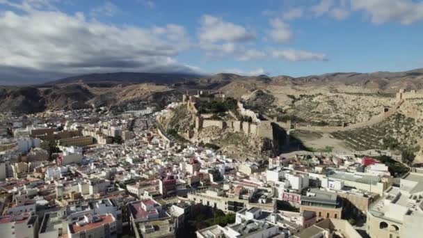 Aerial View Cityscape Muralla Jairn Castle Almeria Spain Circling Drone — Stock Video