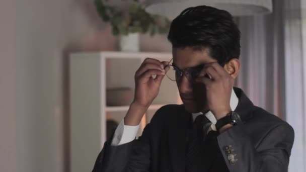 Medium Closeup Young Indian Man Gets Ready Important Job Interview — 图库视频影像