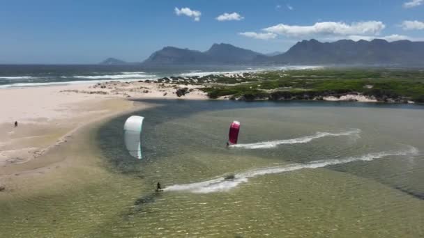 Aerial Drone Shot Two Kitesurfers Hermanus Lagoon Doing Tricks — Video Stock
