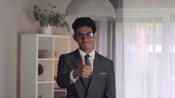 Young Man Wearing Job Suit Gives Confident Thumbs Positive Feedback — Stock video