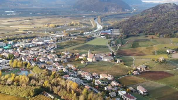 Aerial Drone Vineyards Small Valley Church Center Autumn South Tyrol — Stock Video