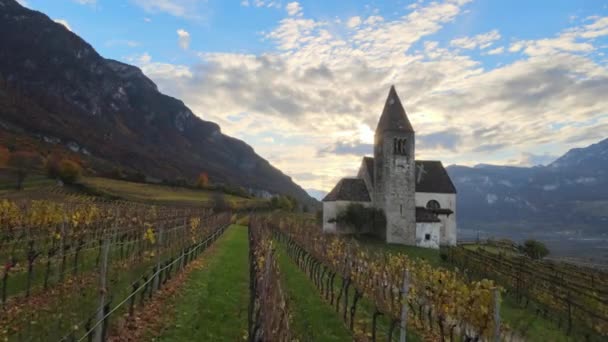 Drohne Über Einer Mittelalterlichen Kirche Inmitten Der Weinberge Herbst Südtirol — Stockvideo