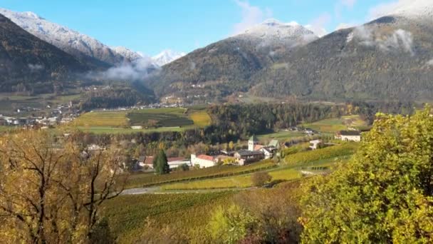 Novacella Neustift Güney Tyrol Sonbaharda Üzüm Bağlarının Üzerinde Hava Aracı — Stok video
