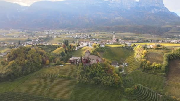 Drone Aéreo Vídeo Castelo Medieval Meio Das Vinhas Nos Alpes — Vídeo de Stock