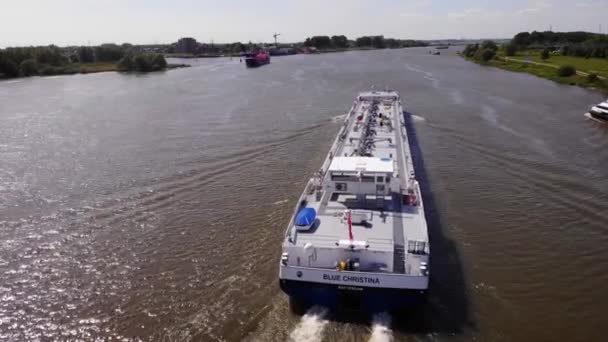 Aerial Stern Lng Tanker Blue Christina Travelling Oude Maas — Stock video
