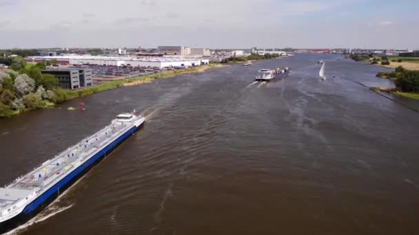 Lng Tanker Blue Christina Navigating Oude Maas Aerial Drone Shot — Video