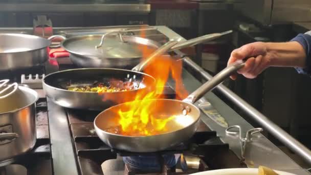 Pan Flame Commercial Kitchen Made Bandy Sherry Wine While Preparing — Video Stock