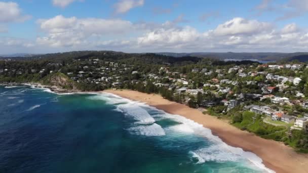Letecký Pohled Písečné Pobřeží Pobřežní Domy Avalon Beach Austrálie — Stock video