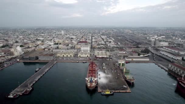 Drone Shot Boats Parked Port Veracruz Sunrise — Vídeo de stock