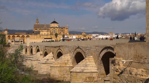 Turyści Spacerujący Moście Kordobie Hiszpania Dzień Czystego Nieba — Wideo stockowe
