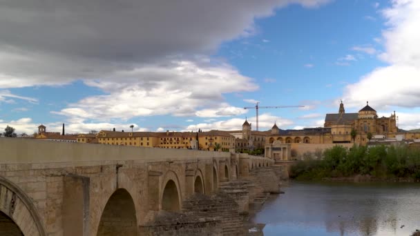 Slow Pan Roman Bridge River Mezquita Distance — Vídeo de stock