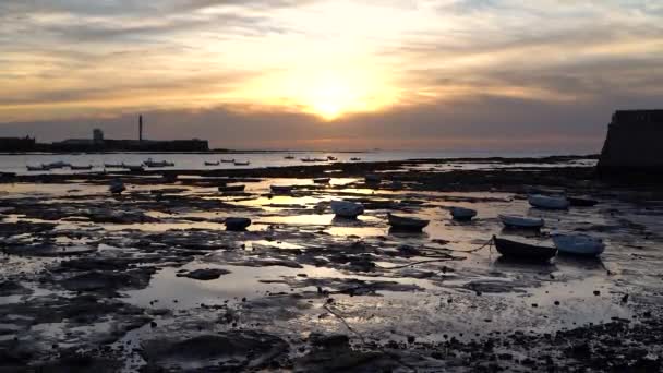 Langsame Filmische Neigung Über Kleine Fischerbootsilhouetten Bei Ebbe Auf Dem — Stockvideo