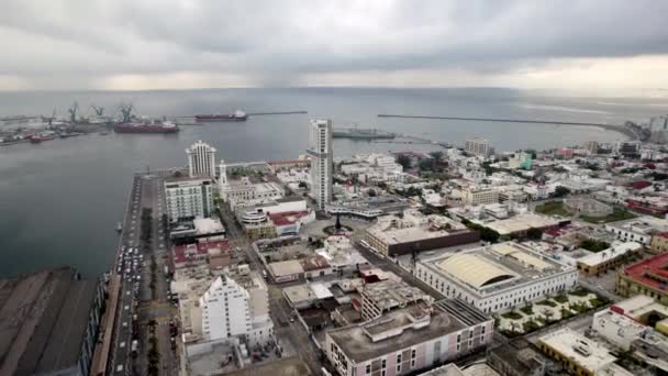 Drone Shot Downtown Veracruz Port Sunrise — Stockvideo