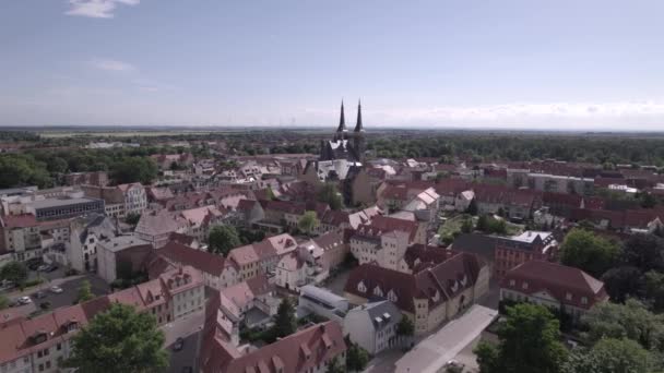 Aerial Kothen City Closeup Jakob Church Sunny Day — Stock Video