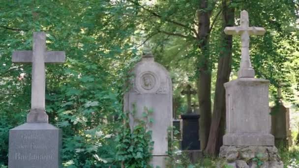 Ornate Gravestone Christian Graveyard Munich Old Cemetery Many Buried Personalities — Stockvideo