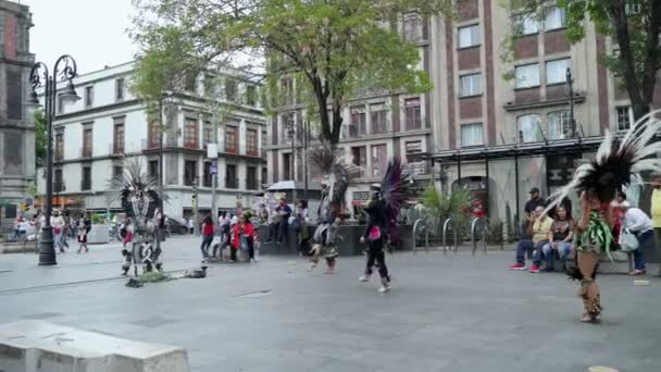 Group Dancers Performing Street Concheros Mexico City Slow Motion Low — Stockvideo