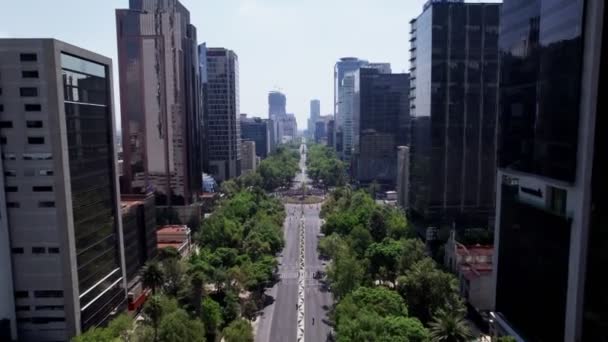 Luchtfoto Vliegen Reforma Avenue Richting Glorieta Palma Rotonde Met Drukte — Stockvideo