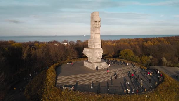 Tourists Looking Westerplatte Monument Sunset Slow Drone Shot — Stock Video