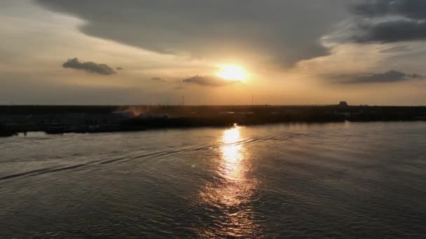 Vista Aérea Pôr Sol Sobre Rio Mississippi Nova Orleães — Vídeo de Stock