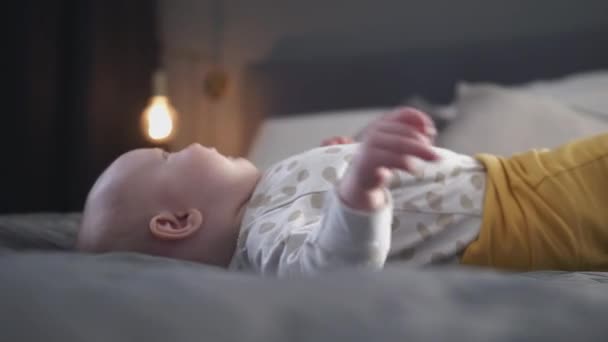 Unhappy Crying Baby Lying Big Bed Soft Blanket Indoors Low — Stock Video