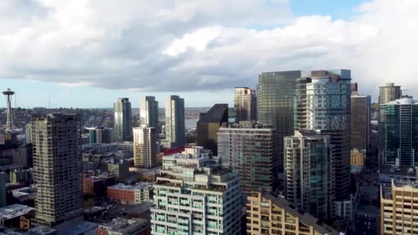 Space Inedle Panorama Při Západu Slunce Seattle — Stock video