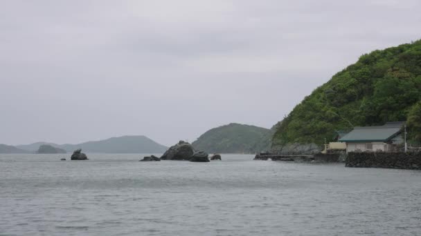 Mie Coastline Foul Weather Meoto Iwa Wedded Rocks Background — Stock Video