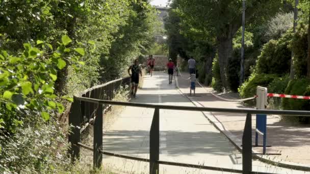 Grupo Atletas Corriendo Una Maratón Una Calle Estrecha Entre Árboles — Vídeos de Stock
