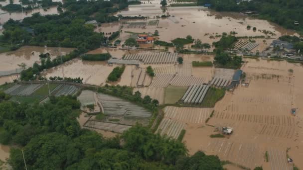 Água Inundação Causa Danos Nos Negócios Agrícolas China Vista Aérea — Vídeo de Stock